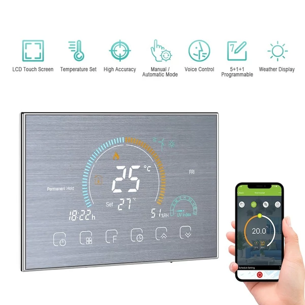Intelligens programozható termosztát 5+1+1 hat periódusos hangalkalmazás vezérlés háttérvilágítás LCD víz-/gázkazán fűtés (95-240V) - Ezüst, Wi-Fi -vel