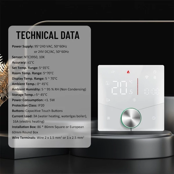 Intelligens Tuya digitális WiFi termosztát hetente programozható, gombos termosztát kompatibilis a Tmall Genie, Amazon, Google Home termékkel (vízgáz kazán fűtés) - Fekete