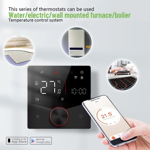 Intelligens Tuya digitális WiFi termosztát hetente programozható, gombos termosztát kompatibilis a Tmall Genie, Amazon, Google Home termékkel (vízgáz kazán fűtés) - Fekete