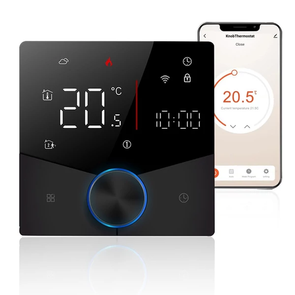Intelligens Tuya digitális WiFi termosztát hetente programozható, gombos termosztát kompatibilis a Tmall Genie, Amazon, Google Home termékkel (vízgáz kazán fűtés) - Fekete