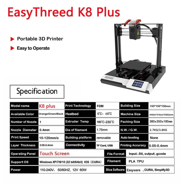 EasyThreed K8 plus 3D nyomtató FDM asztali 150x150x150 mm-es nyomtatási méret kezdőknek 10 m-es PLA mintaszálas