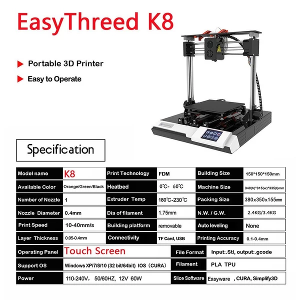 EasyThreed K8 3D nyomtató FDM 150x150x150mm nyomtatási méret kezdőknek 10 m-es PLA mintaszálas