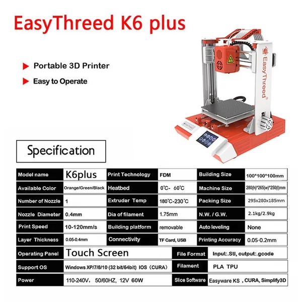 EasyThreed K6 Plus 3D nyomtató FDM 150x150x150mm nyomtatási méret kezdőknek 10 m-es PLA mintaszálas - Narancs