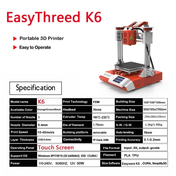 EasyThreed K6 3D nyomtató FDM 150x150x150 mm nyomtatási méret kezdőknek 10 m-es PLA mintaszálas - Narancs