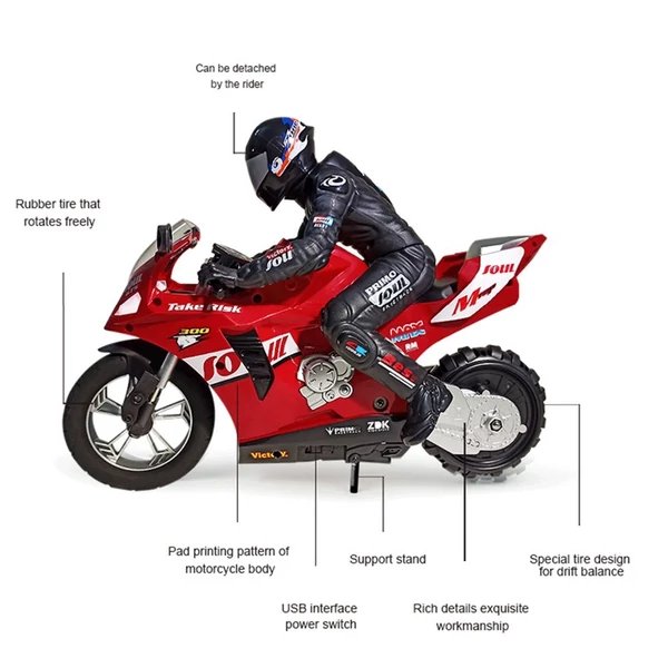 1/6 2,4 G-os távirányítós önkiegyensúlyozó kaszkadőr motorkerékpár helyben forog/360°-os sodródás - Piros, 3 akkumulátor