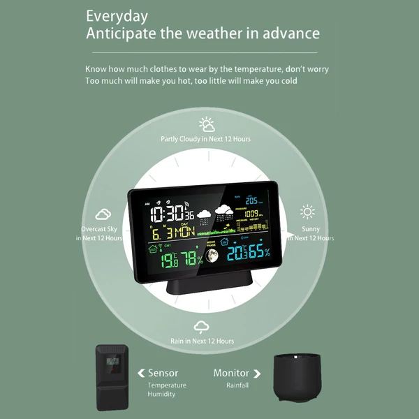7,5 hüvelykes színes képernyős meteorológiai állomás beltéri/kültéri hőmérséklet- és páratartalom-mérő holdfázisú és légköri nyomáskijelzővel, kettős ébresztőórával, automatikus kalibrálással (WWVB DCF MSF, DST funkcióval)