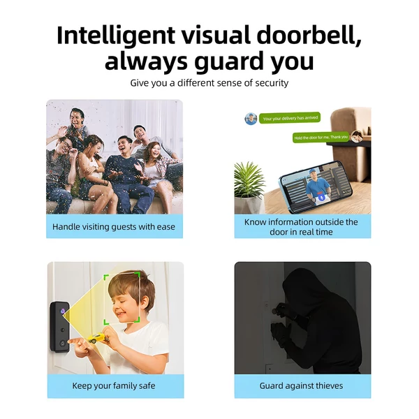 Videó csengő kamera vezeték nélküli csengővel, akkumulátorral működő intelligens AI PIR emberészlelés IP65 vízálló 2,4G WiFi 2 utas audio éjszakai megtekintés felhő tárhely - Fehér