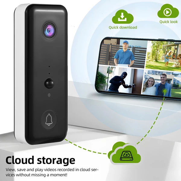 Videó csengő kamera vezeték nélküli csengővel, akkumulátorral működő intelligens AI PIR emberészlelés IP65 vízálló 2,4G WiFi 2 utas audio éjszakai megtekintés felhő tárhely - Fehér