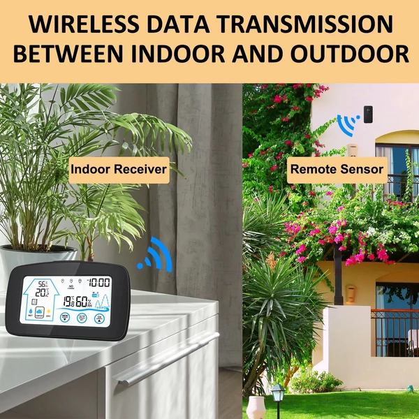 Digitális meteorológiai állomás háttérvilágítású érintőképernyővel, intelligens hőmérséklet- és páratartalom-mérővel, órával, ablak nyitási/zárási emlékeztetővel - Fekete