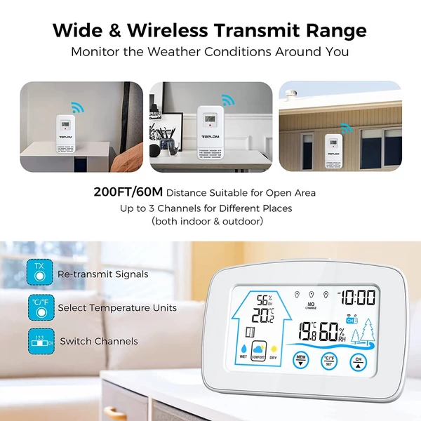 Digitális meteorológiai állomás háttérvilágítású érintőképernyővel, intelligens hőmérséklet- és páratartalom-mérővel, órával, ablak nyitási/zárási emlékeztetővel - Fehér