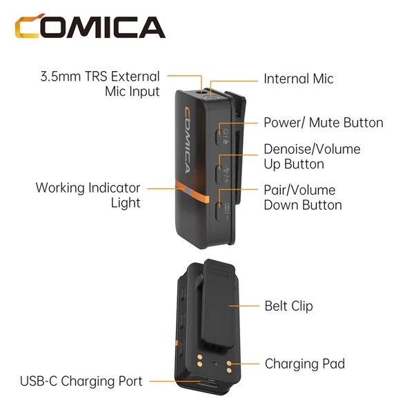 COMICA Vimo Q 2,4 GHz vezeték nélküli Lavalier mikrofonrendszer Clip-on mikrofon nagy képernyővel - Fekete