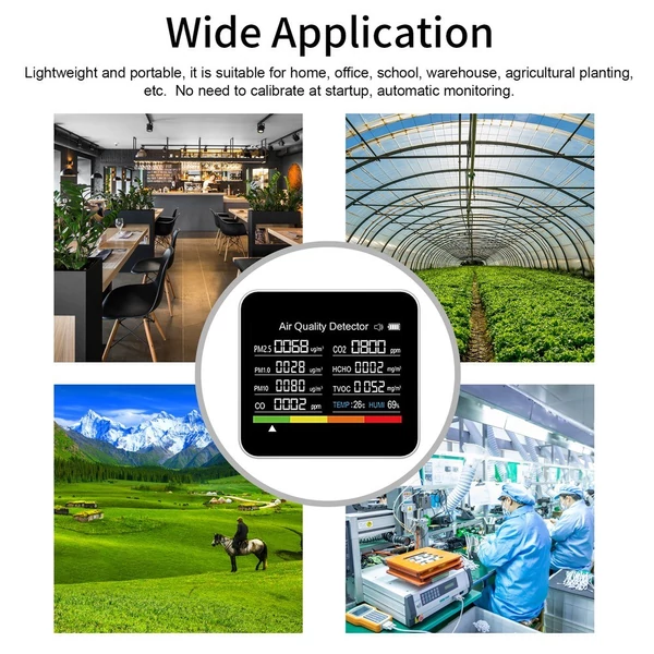 9 az 1-ben levegőminőség monitor CO2 CO TVOC HCHO PM2.5 PM1.0 PM10 hőmérséklet páratartalom érzékelés - Fehér