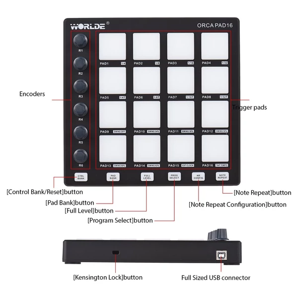 WORLDE MIDI kontroller Beat Maker gép hordozható mini MIDI kontroller pad USB kezdő zenei produkcióhoz