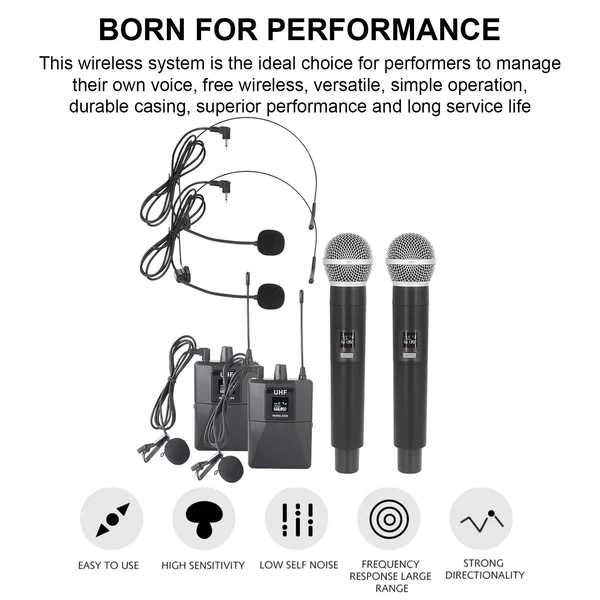 Professzionális UHF vezeték nélküli mikrofonrendszerű kézi kettős mikrofon vevőkészülékkel, hordható adófejjel és Lavalier mikrofonokkal