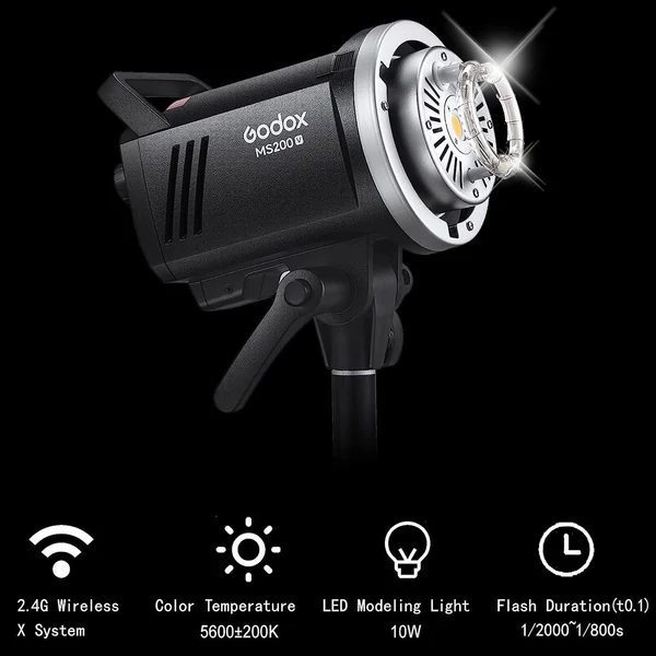 Godox MS200-V továbbfejlesztett stúdióvaku 200 Ws villanófény GN53 0,1-1,8S újrahasznosítási idő 5600±200K 2,4G vezeték nélküli X rendszer 10 W-os LED modellező lámpával, Bowens rögzítéssel