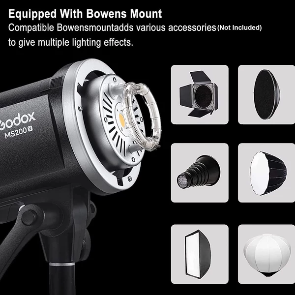 Godox MS200-V továbbfejlesztett stúdióvaku 200 Ws villanófény GN53 0,1-1,8S újrahasznosítási idő 5600±200K 2,4G vezeték nélküli X rendszer 10 W-os LED modellező lámpával, Bowens rögzítéssel