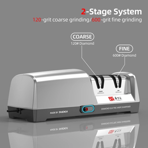 TAIDEA TG2301 Elektromos késélező 15 és 20 fokos, háromlépcsős rendszerű rozsdamentes acél konyhai késekhez gyors élezési és polírozási funkcióval