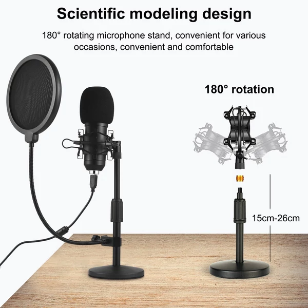 USB-mikrofon készlet Kardioid kondenzátor podcast mikrofon asztali állvánnyal, ütésálló, permetszűrő hálóval