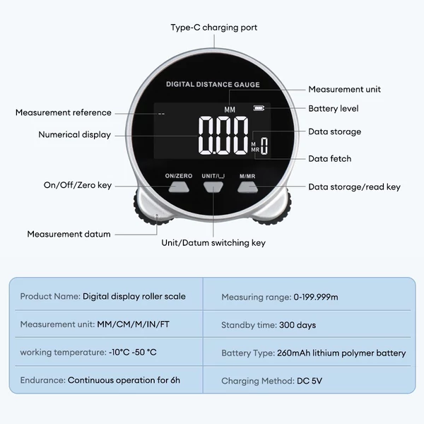 RTO05106 LCD távolságmérő digitális kijelző görgős vonalzó 199,999 m félvezető mikroprocesszorral, újratölthető