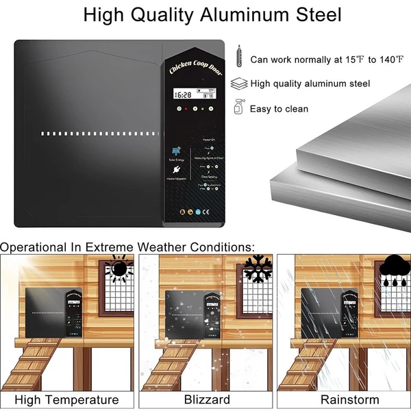 Automata csirkeól ajtó 4 üzemmódú alumínium ajtónyitó távirányítóval / időzítő / fényérzékelő / kézi üzemmódú LCD képernyő időjárásálló, becsípődés elleni napenergiával