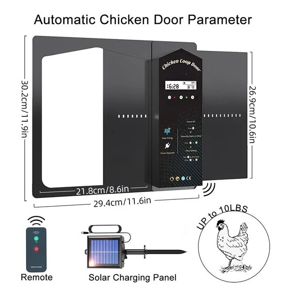 Automata csirkeól ajtó 4 üzemmódú alumínium ajtónyitó távirányítóval / időzítő / fényérzékelő / kézi üzemmódú LCD képernyő időjárásálló, becsípődés elleni napenergiával