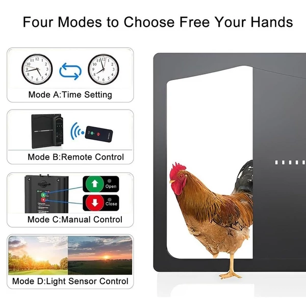 Automata csirkeól ajtó 4 üzemmódú alumínium ajtónyitó távirányítóval / időzítő / fényérzékelő / kézi üzemmódú LCD képernyő időjárásálló, becsípődés elleni napenergiával