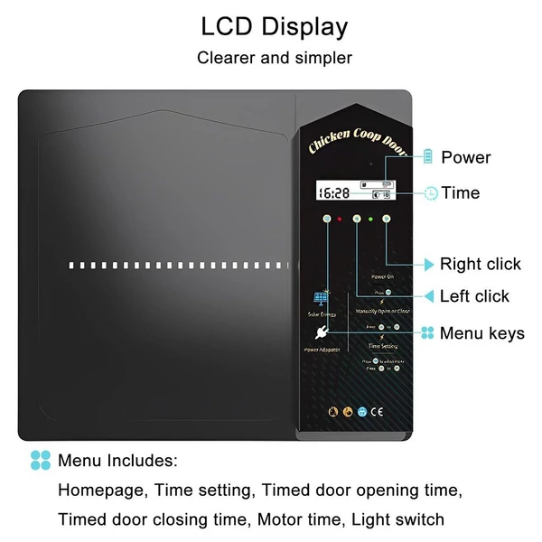 Automata csirkeól ajtó 4 üzemmódú alumínium ajtónyitó távirányítóval / időzítő / fényérzékelő / kézi üzemmódú LCD képernyő időjárásálló, becsípődés elleni napenergiával