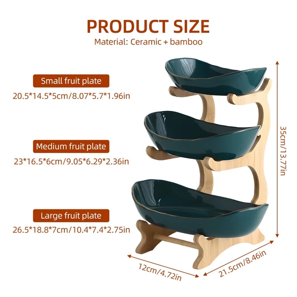 Könnyen felszerelhető konyhai háromszintes tálalóállvány gyümölcsök, harapnivalók, desszertek, torták, tányértartók számára – Sötét zöld, kerámia és bambuszfa
