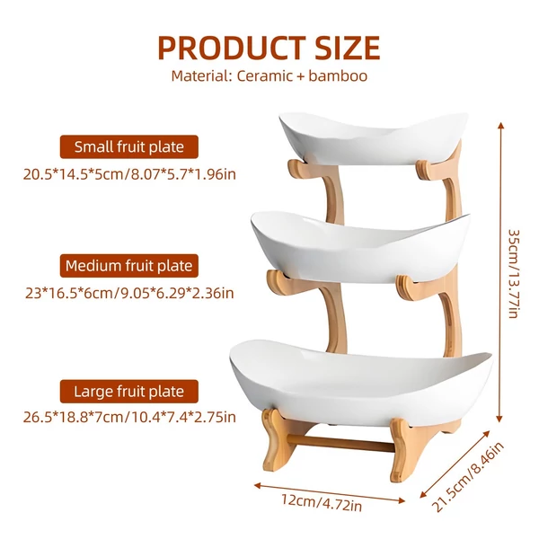 Könnyen felszerelhető konyhai háromszintes tálalóállvány gyümölcsök, harapnivalók, desszertek, torták, tányértartók számára – Fehér, kerámia és bambuszfa