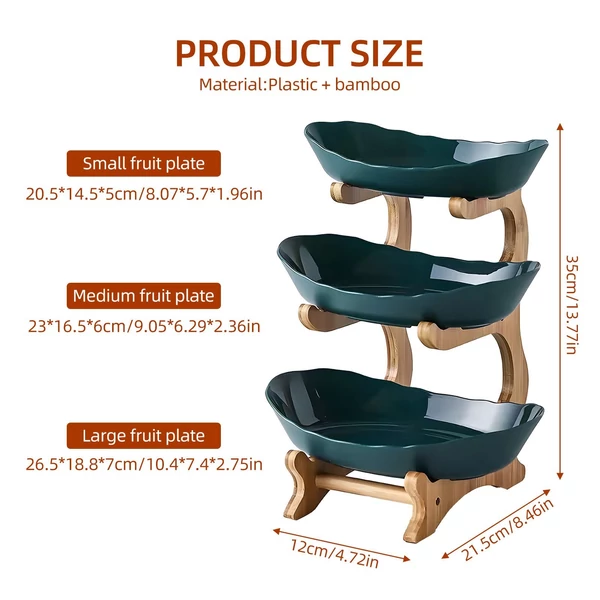 Könnyen felszerelhető konyhai háromszintes tálalóállvány gyümölcsök, harapnivalók, desszertek, sütemények, tálcatartó állvány számára – Sötét zöld, műanyag és bambuszfa