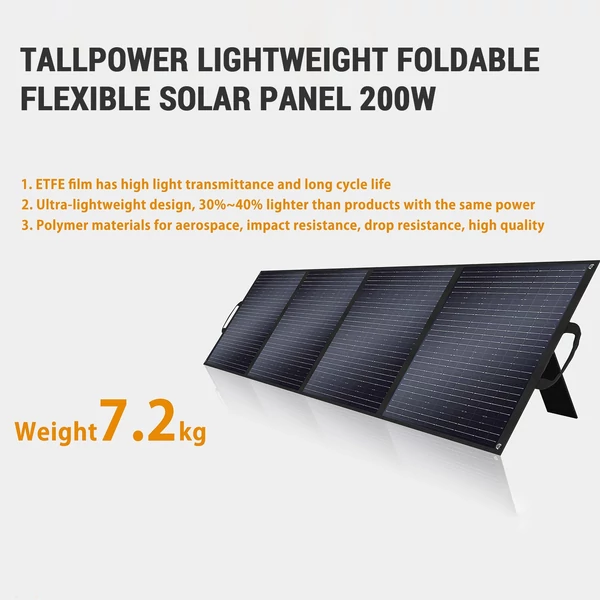TALLPOWER 200 W hordozható, összecsukható ETFE napelem erőműhöz 23,4%-os energiaátalakítási hatékonyság a hálózaton kívüli szabadban, kempingezésben, túrázásban, horgászatban vagy lakóautóban, utazásban