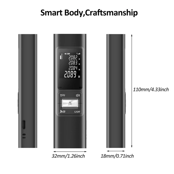 Lézeres kézi mini távolságmérő ±2 mm-es precíziós beltéri, újratölthető helymérő eszköz alumíniumötvözet héjjal, 0,1 s mérési sebesség - S40 40 m