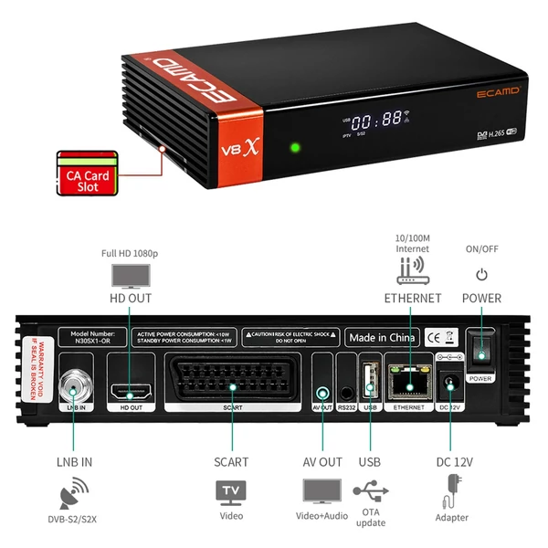 ECAMD V8X DVB-S2 Set Top Box VCM/ACM/Multi-stream digitális TV jelvevő