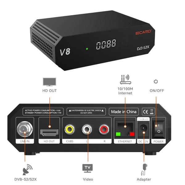 ECAMD V8 DVB-S2 Set Top Box vevő VCM/ACM/Multi-stream digitális TV jelvevő