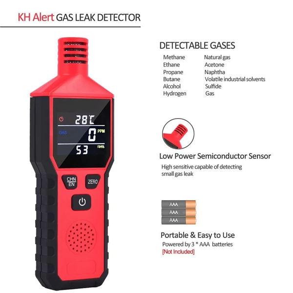 Hordozható propán- és földgázszivárgás-érzékelő színes LCD-kijelzővel, 3 az 1-ben hőmérséklet- és páratartalom-kijelzővel