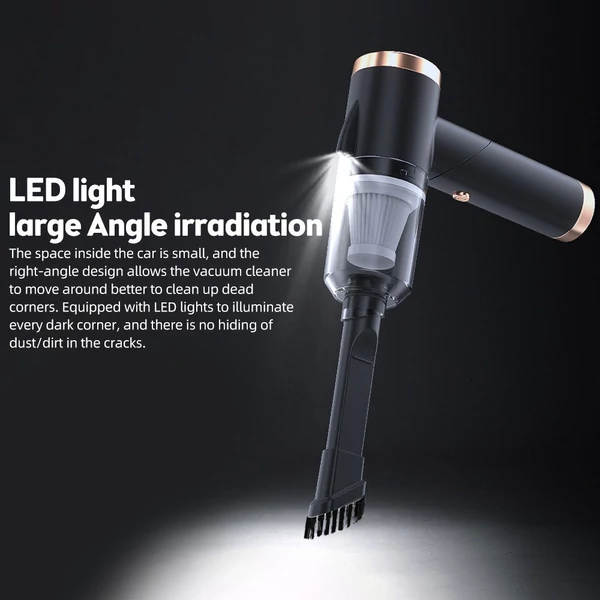 Vezeték nélküli kézi autó porszívó 90 fokos összecsukható 9000Pa szívó 120W -os újratölthető LED -es világítással - Fekete