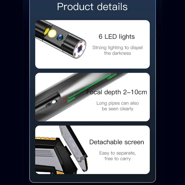 Ipari endoszkóp, 4,3 hüvelykes képernyős borescope kamera fénnyel, 1080P / 2 MP, IP67, beépített 2000 mAh akkumulátor - Szimpla lence 8mm/5m