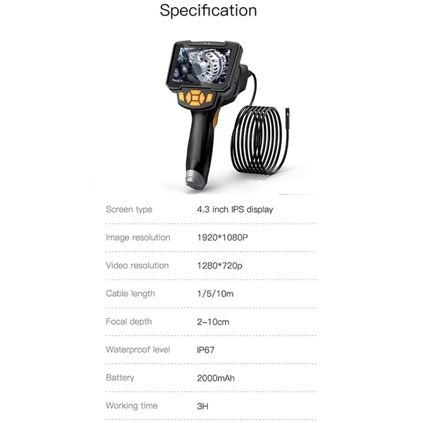 Ipari endoszkóp, 4,3 hüvelykes képernyős borescope kamera fénnyel, 1080P / 2 MP, IP67, beépített 2000 mAh akkumulátor - Szimpla lence 8mm/10m