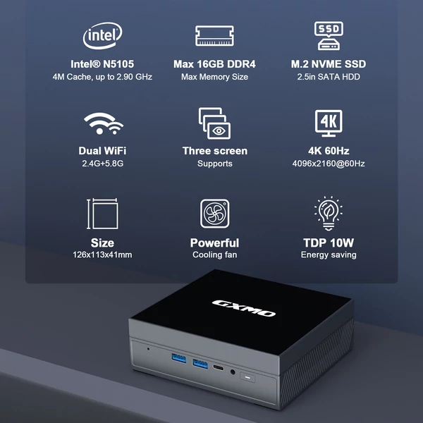 GXMO GX55 Mini PC asztali számítógép 16G DDR4 kétcsatornás 512GB SSD tárhely