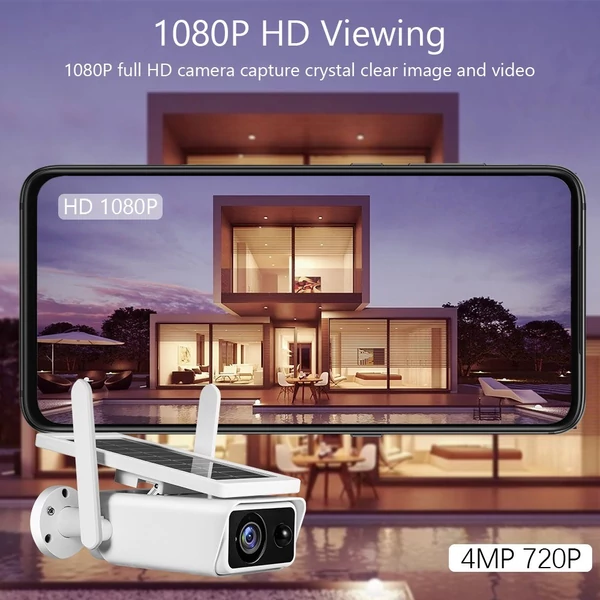 Kültéri napelemes biztonsági kamera 4 MP tölthető akkumulátoros vezeték nélküli WiFi PIR mozgásérzékeléssel, éjszakai látás, 2-utas hang, IP66 vízálló