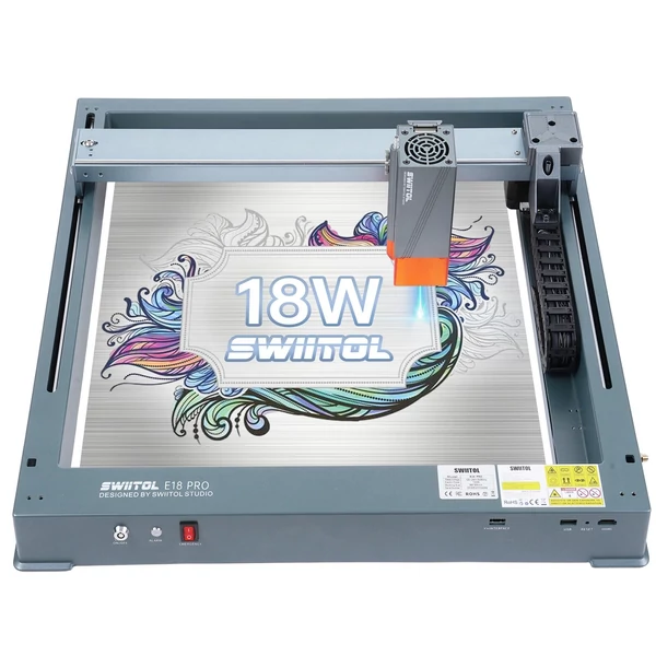 Swiitol E18 Pro 18W integrált szerkezetű lézergravírozó Y tengelyű forgóhengerrel és légsegéd szivattyúval, valamint 8 db magasra emelt talpbetéttel és 400x400 mm-es méhsejt munkaasztallal