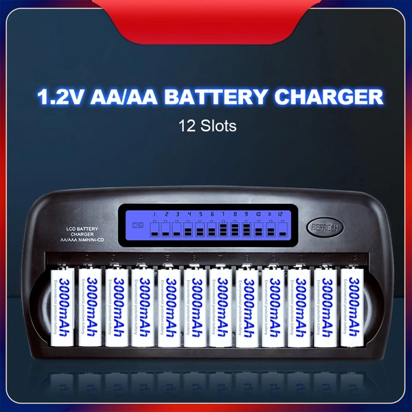 PL-NC30 univerzális intelligens akkumulátortöltő 4 hüvelykes LCD kijelzővel, 12 elemnyílással 1,2 V-os Ni-MH Ni-CD AAA AA akkumulátorokhoz