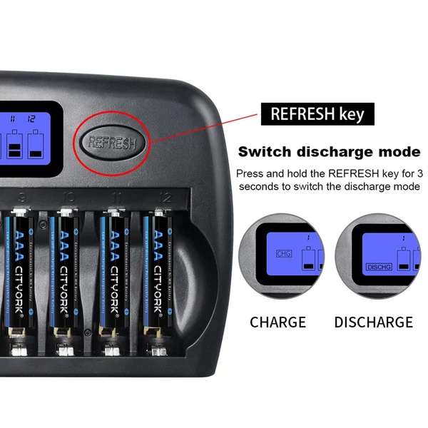 PL-NC30 univerzális intelligens akkumulátortöltő 4 hüvelykes LCD kijelzővel, 12 elemnyílással 1,2 V-os Ni-MH Ni-CD AAA AA akkumulátorokhoz