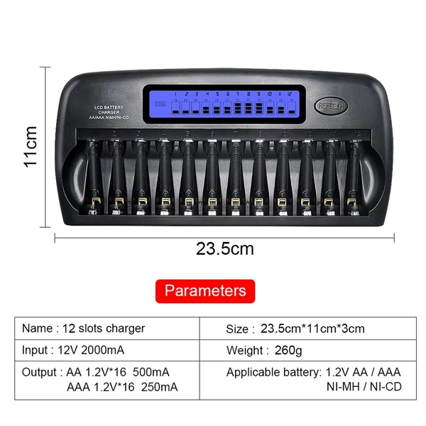 PL-NC30 univerzális intelligens akkumulátortöltő 4 hüvelykes LCD kijelzővel, 12 elemnyílással 1,2 V-os Ni-MH Ni-CD AAA AA akkumulátorokhoz