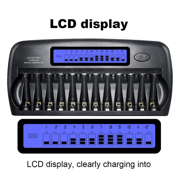 PL-NC30 univerzális intelligens akkumulátortöltő 4 hüvelykes LCD kijelzővel, 12 elemnyílással 1,2 V-os Ni-MH Ni-CD AAA AA akkumulátorokhoz