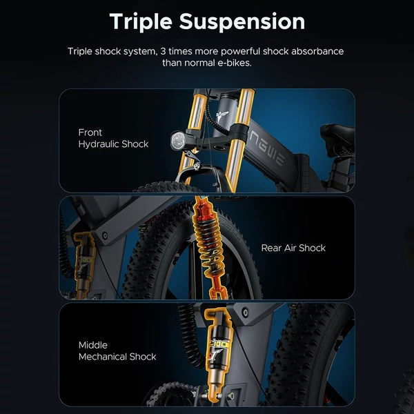 ENGWE X26 összecsukható elektromos kerékpár 24*4,0 hüvelykes Fat Tire 1000W motor 48V 19.2Ah és 10Ah kettős akkumulátoros 150km-es hatótávolságú hármas felfüggesztési rendszer - Szürke