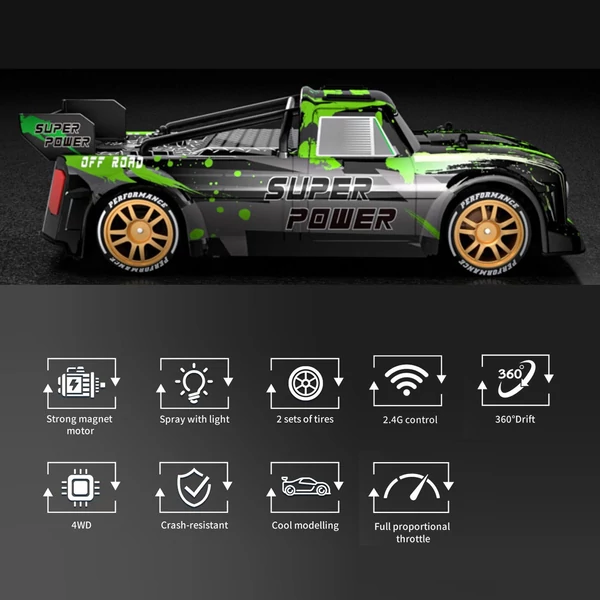 2,4 GHz-es, 1/16-os távirányítós Drift autó / rövid teherautó - Zöld, 2 akkumulátor