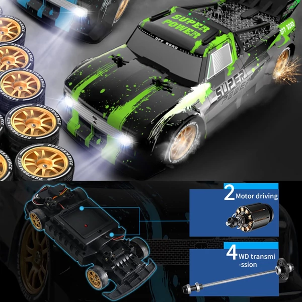 2,4 GHz-es, 1/16-os távirányítós Drift autó / rövid teherautó - Zöld, 2 akkumulátor