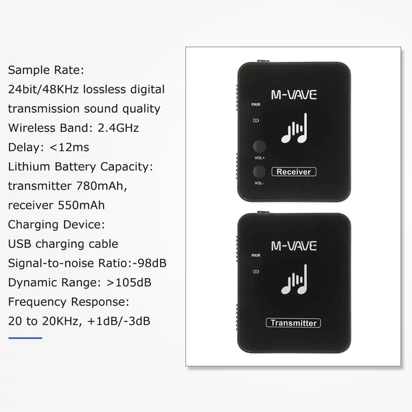 M-VAVE WP-10 2,4 GHz-es vezeték nélküli fülhallgató-monitor átviteli rendszer újratölthető adó és vevő, fül hátsó rész, 2 vevő és 1 adó