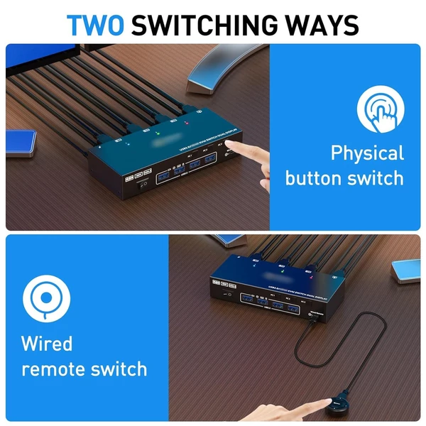 Kétmonitoros KVM kapcsoló USB 3.0 HDMI-kompatibilis 3 PC 4K@60Hz 2K@144Hz, EDID emulátor, 4 USB 3.0 porttal, vezetékes távirányítóval és kábelekkel